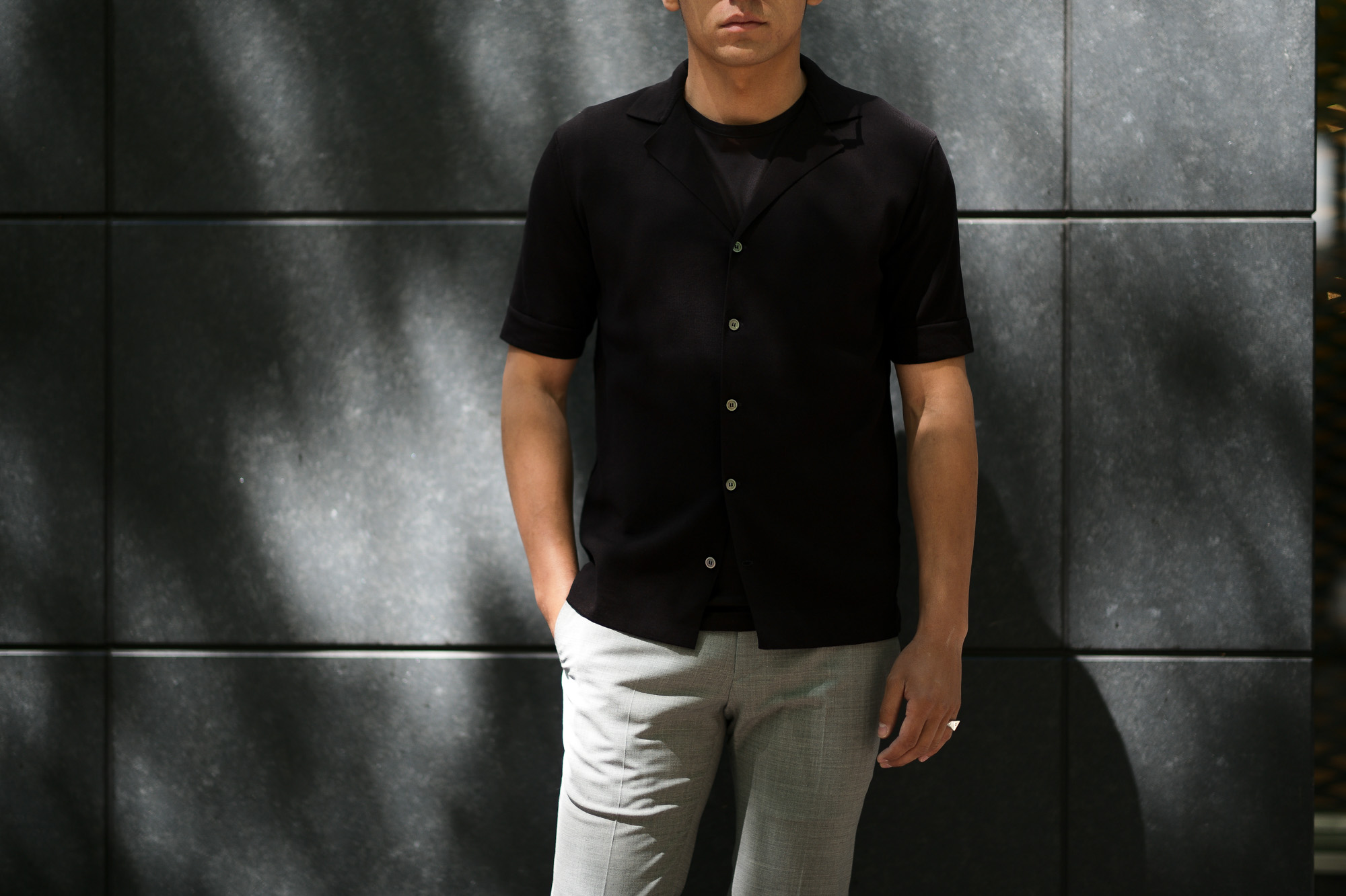 9,430円【未使用に近い】LARDINI ラルディーニ ニット オープンカラー シャツ 黒