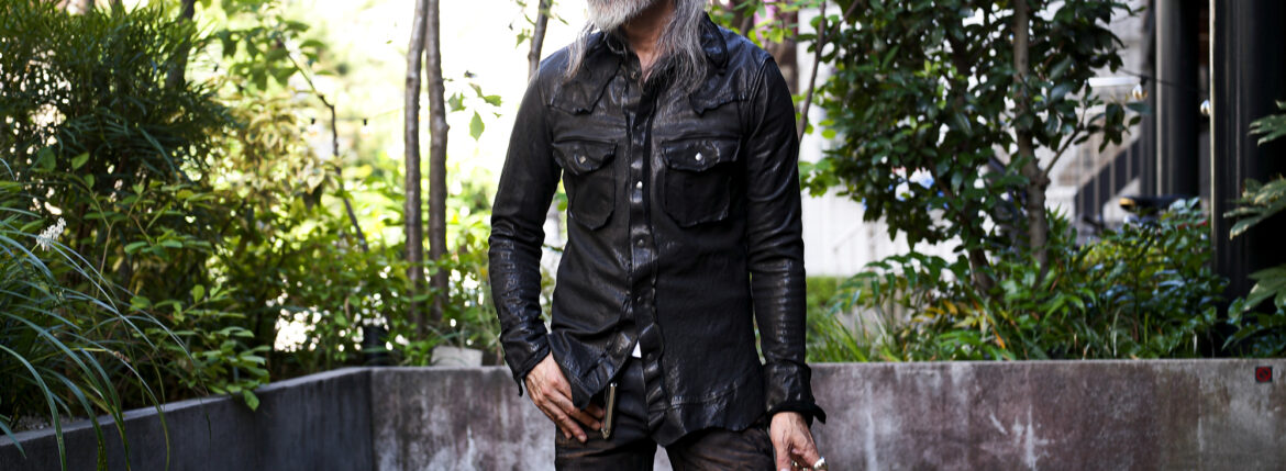 ISAMU KATAYAMA BACKLASH "2145-02" "EZO LEATHER WORKS" DEERSKIN GARMENT-DYED LEATHER SHIRTS BLACK 2025春夏 【ご予約開始】 イサムカタヤマバックラッシュ ディアスキン 鹿革 ガーメンダトダイ レザーシャツ ブラック 愛知 名古屋 Alto e Diritto altoediritto アルトエデリット