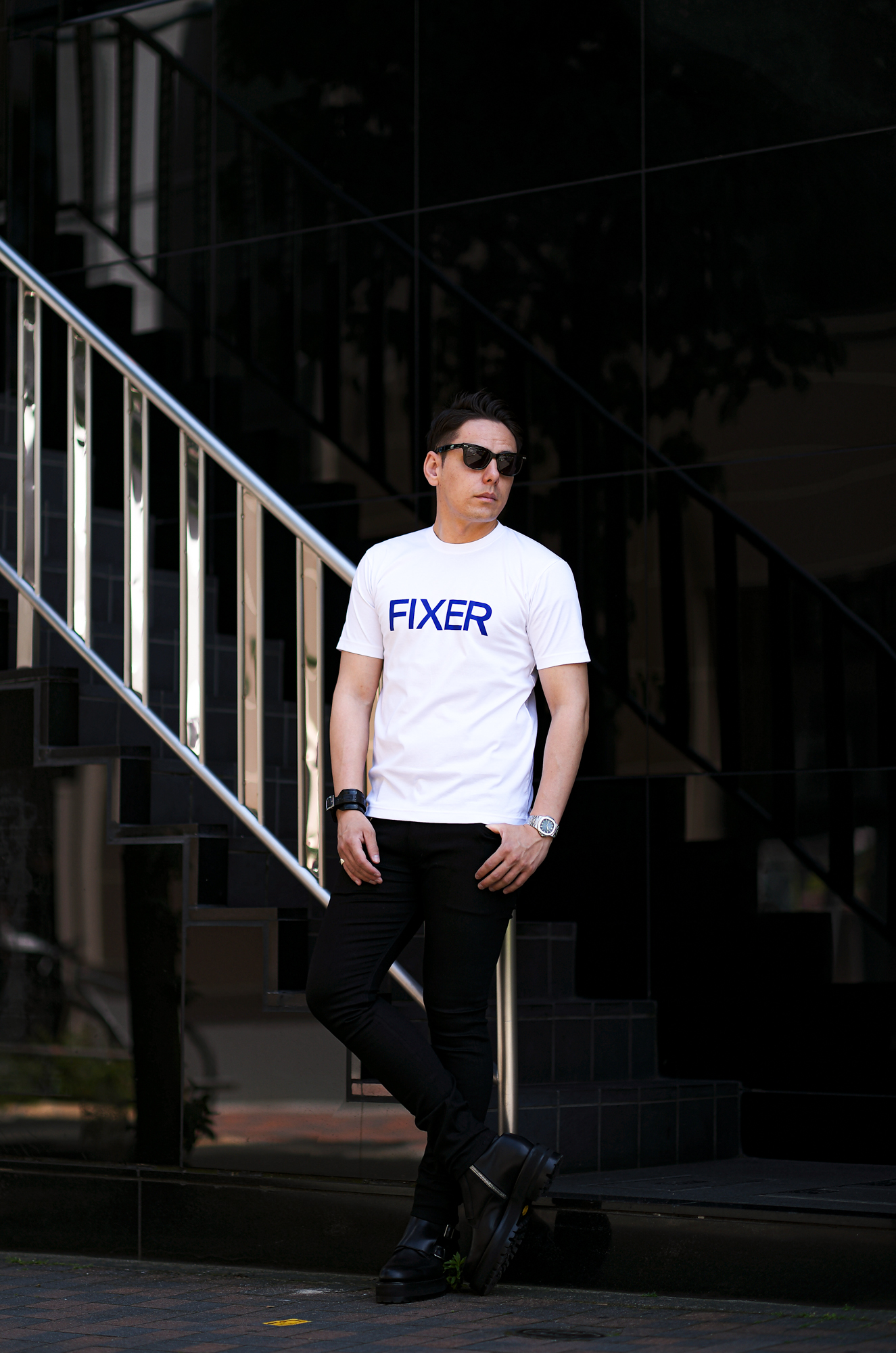 FIXER (フィクサー) FTS-02 FIXER Print Crew Neck T-shirt プリント Tシャツ WHITE × BLUE (ホワイト × ブルー)  フィクサー エフティーエス02 プリントクルーネック Tシャツ ブラック ブルー 青 東京限定 愛知 名古屋 Alto e Diritto altoediritto アルトエデリット