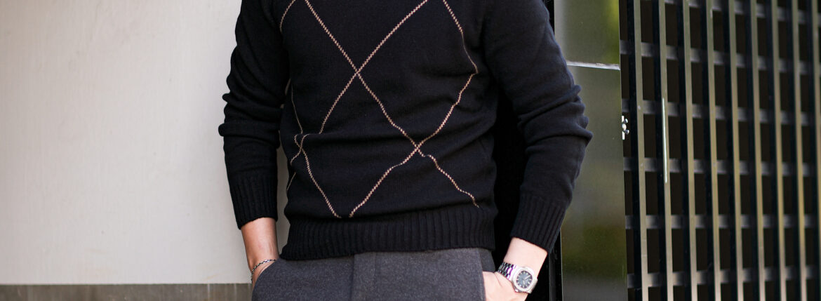 Gran Sasso (グランサッソ) Argylle Cashmere Wool Sweater (アーガイル カシミア ウール セーター) 8ゲージ アーガイル カシミアウールニット セーター BLACK (ブラック・099) made in italy (イタリア製) 2024秋冬新作 【入荷しました】【フリー分発売開始】愛知 名古屋 Alto e Diritto altoediritto アルトエデリット