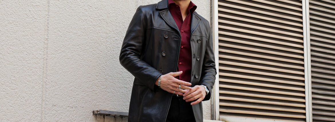 cuervo bopoha (クエルボ ヴァローナ) Satisfaction Leather Collection (サティスファクション レザー コレクション) Vincent (ヴィンセント) BUFFALO LEATHER (バッファロー レザー) レザー Pコート BLACK (ブラック) MADE IN JAPAN (日本製)のイメージ