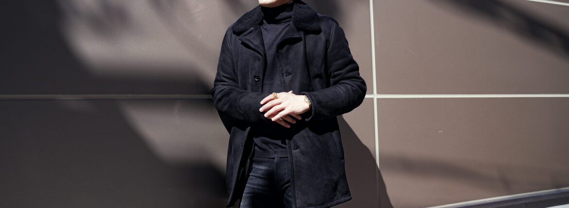 ISAIA (イザイア) PORTOFINO Mouton Coat (ポルトフィーノ ムートン コート) EXTERNAL CURLY SHEARLING ムートン チェスターコート BLACK (ブラック・990) 愛知 名古屋 Alto e Diritto altoediritto アルトエデリット コート 黒ムートン