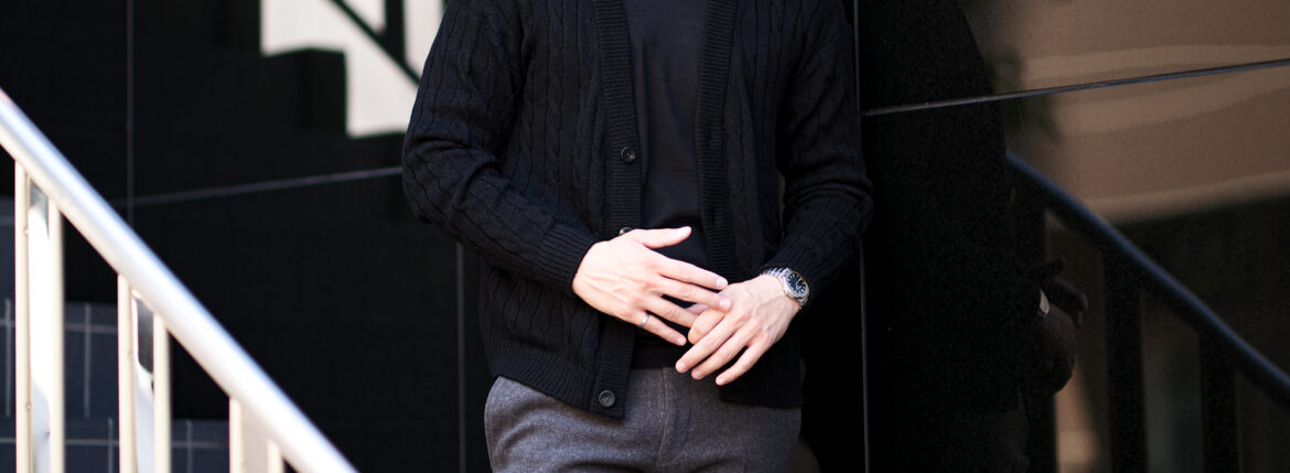 RIVORA (リヴォラ) Linen Silk Wool Cable Cardigan (リネン シルク ウール ケーブル カーディガン) リネンシルクウール ケーブル ニット カーディガン BLACK (ブラック・010) MADE IN JAPAN (日本製) 愛知 名古屋 Alto e Diritto altoediritto アルトエデリット