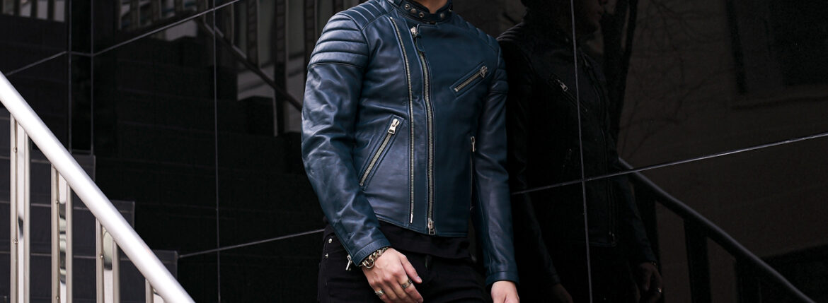 TOM FORD (トムフォード) NAPPA GRAIN LEATHER ZIP BIKER (ナッパ グレイン レザー ジップ バイカー) ラムレザー セミダブル ライダース ジャケット DARK TEAL (ダークティール) Made in italy (イタリア製)のイメージ