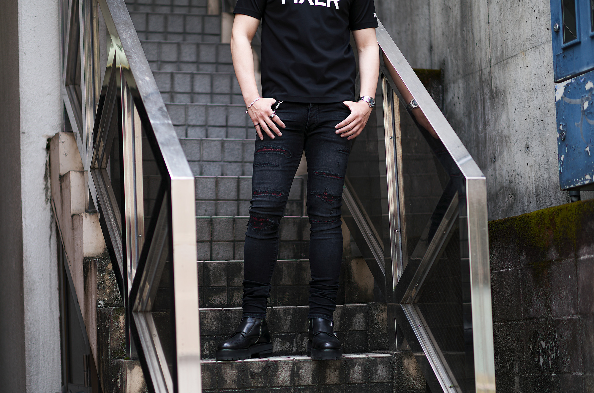 AMIRI (アミリ) MA QUAD REPAIRED SKINNY JEAN (MA クアッド リペアード スキニー ジーンズ) クラッシュ リペア ストレッチ スキニー デニム パンツ VINTAGE BLACK (ヴィンテージブラック・097) MADE IN USA (アメリカ製) 2025 愛知 名古屋 Alto e Diritto altoediritto アルトエデリット